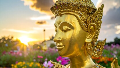 Golden statue of a deity at sunset