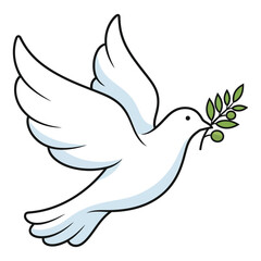 Obraz premium White dove with green olive branch in beak flying against white background bird vector