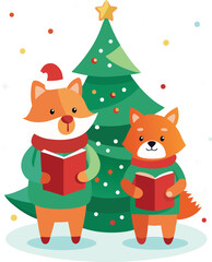 Cute foxes singing christmas carols by a decorated tree