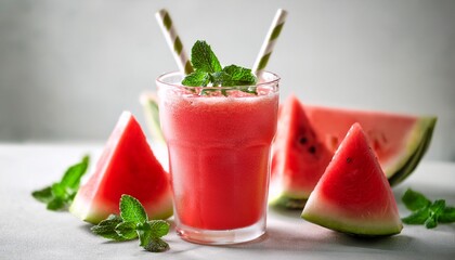 Refreshing Watermelon Smoothie With Mint In Light Background