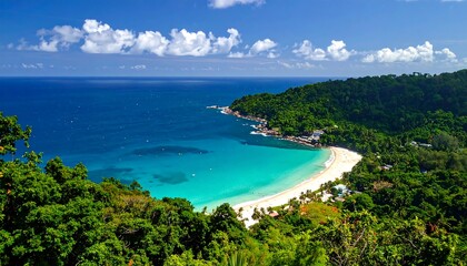 Naklejka premium Panoramic view of a tropical beach nestled within lush green hills, showcasing vibrant turquoise water and white sand.