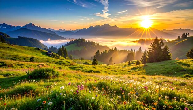 A vibrant mountain landscape at sunrise, showcasing rolling hills, lush greenery, wildflowers, and a majestic mountain range bathed in golden sunlight.