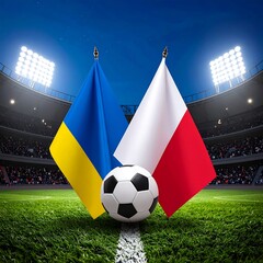Flags of Ukraine and Poland on soccer field at night