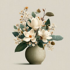Beautiful floral arrangement in round vase with white flowers