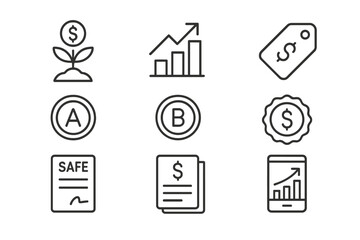 Startup Funding Icons. Line style icons of Startup Funding Stages: Pre-seed file, seed round chart, Series A tag, Series B icon,
