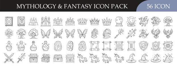 Mythology and fantasy icon set collection - Pack of 56 outline icons featuring crowns, swords, potions, wings, shields, and magical creatures for fantasy, legends, and mythology projects.
