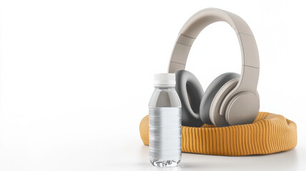 Headphones, water bottle, and yellow knit hat on white background create modern workspace vibe, evoking calm and focus for creative or remote work environments