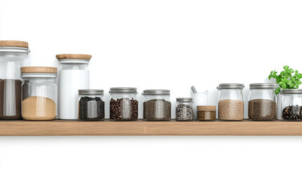 Cozy kitchen shelf with glass jars filled with spices, grains, and herbs, organized in minimalist style, creating warm and inviting atmosphere for home cooking