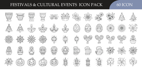 Festivals and cultural events icon set collection - Pack of 60 outline icons featuring lanterns, masks, candles, decorations, pumpkins, and traditional symbols for holidays, celebrations
