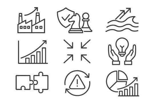 Mergers & Acquisitions Icons. Line style icons of mergers & acquisitions: industry consolidation icon, competitive advantage,