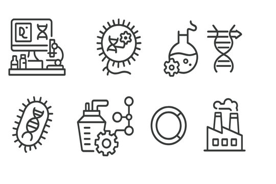 Microbiology Line Icons. Line style icons of microbiology: synthetic biology lab, engineered microbe icon, gene expression control