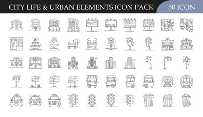 City life and urban elements icon set collection - Pack of 50 outline icons including buildings, streets, billboards, lights, trees, and transportation symbols for city, urban planning, and lifestyle 