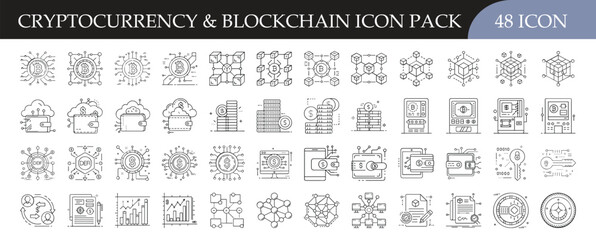 Cryptocurrency and blockchain icon set collection - Pack of 48 outline icons featuring digital currencies, blockchain technology, wallets, and financial symbols for cryptocurrency