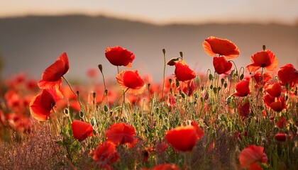 Fototapeta premium Vibrant Red Poppies Growing In Clusters Under Natural Light In A Serene Setting With Soft Background