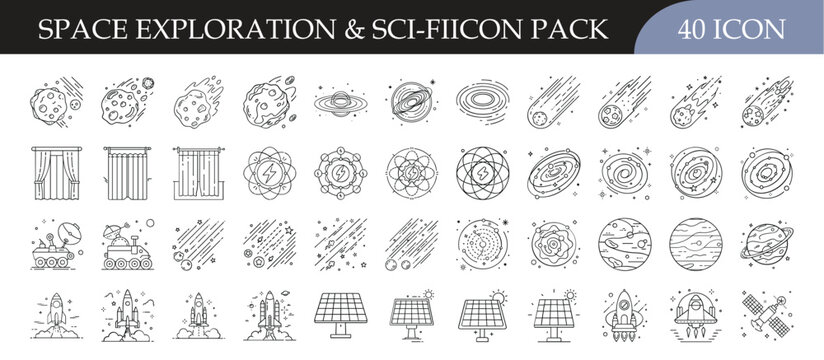 Space exploration and science fiction icon set collection - Pack of 40 outline icons featuring planets, rockets, satellites, galaxies, and futuristic elements for astronomy, sci-fi, and space research - Powered by Adobe