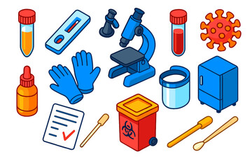 Laboratory Test Icons. Isometric vector illustration set Laboratory health tests: PCR tube, rapid test cassette, microscope, blood