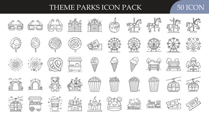 Theme park and amusement icon set collection - Pack of 50 outline icons including rides, roller coasters, popcorn, candy, ferris wheels, and games designed for amusement and leisure projects.
