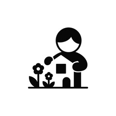 Stylized silhouette of person caring for a small house and flowers in a garden