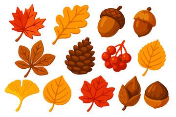 Obraz premium Vibrant Autumn Foliage Icons. Isometric vector illustration set of vibrant autumn nature: red maple leaf, orange oak leaf, yellow