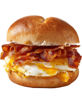 A delicious breakfast bagel sandwich with egg, bacon, and cheese, isolated on transparent background