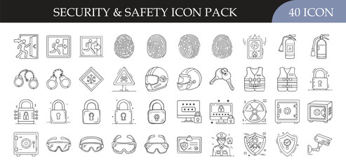 Security and safety icon pack for protection projects - Set of 40 outline icons featuring locks, cameras, shields, helmets, vests, and hazard signs, ideal for security, protection, and safety design