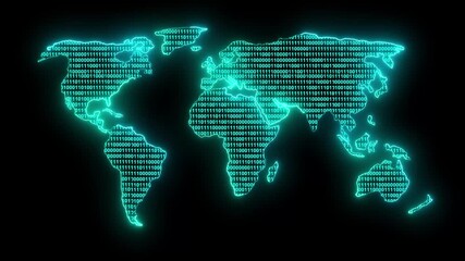 Digital technology world map binary code animation. A glowing blue digital world map composed of binary code illuminates, symbolizing global connectivity and data. world map abstract background.  - Powered by Adobe