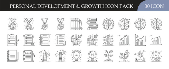 Personal development and growth icon pack collection - Set of 30 outline icons featuring success, learning, motivation, achievement, brain development, and progress, ideal for education and business