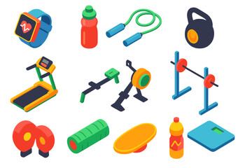 Modern Fitness Icons. Isometric vector illustration set of modern fitness and health: fitness smartwatch, reusable drink bottle,