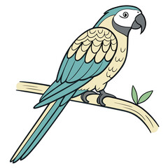 A charming cartoon blue and yellow macaw parrot perched on a tree branch with green leaves