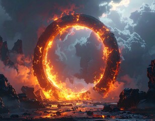 A fiery, colossal ring-shaped structure stands amidst a dramatic, volcanic landscape, bathed in dramatic lighting.