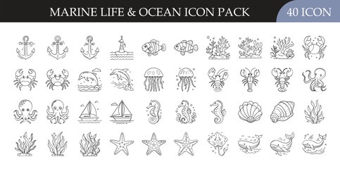 Fototapeta premium Marine Life & Ocean Outline Icon Pack - Collection of 40 outline icons featuring marine life and ocean themes, including anchors, corals, crabs, fish, jellyfish, sea turtles, shells, seaweed, seahorse
