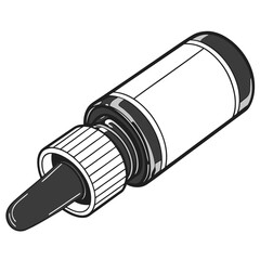 Close up illustration of a black glass dropper bottle with a white label and a black rubber tip