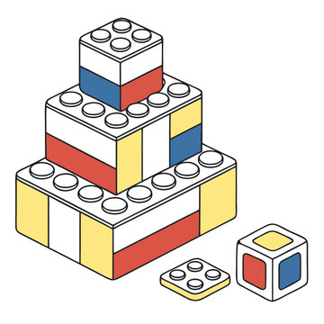 Colorful building blocks stacked in a pyramid shape with a single block and a cube nearby