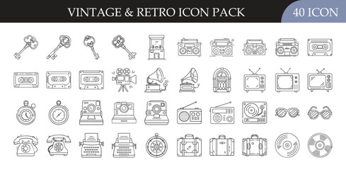 Vintage & Retro Outline Icon Pack - Collection of 40 outline icons inspired by vintage and retro objects, including cassette tapes, gramophones, radios, vinyl records, film reels, typewriters