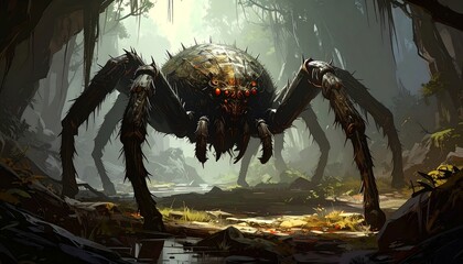 A colossal, menacing spider creature stands guard in a shadowy forest.