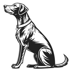 Elegant black and white illustration of a loyal dog sitting patiently and looking upwards
