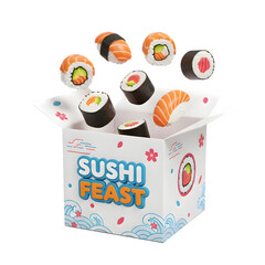 Sushi feast box with various types of sushi isolated on transparent background, 3d