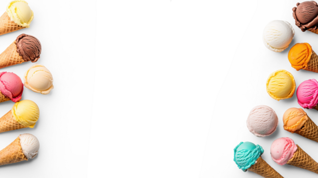 Ice cream cones in colorful arrangement on Transparent Background