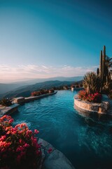Naklejka premium Serene mountaintop pool with vibrant flowers, showcasing a tranquil, outdoor scene.