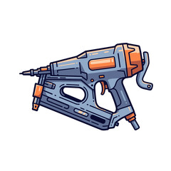 Fototapeta premium Side view of a stylized nail gun, featuring a combination of muted blue and orange colors, with detailed outlines.