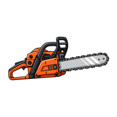 Orange chainsaw with black handle and silver blade.