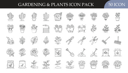 Gardening and Plants Outline Icon Pack - Set of 50 line icons featuring potted plants, flowers, leaves, seeds, and garden tools, ideal for eco, farming, and landscaping projects.
