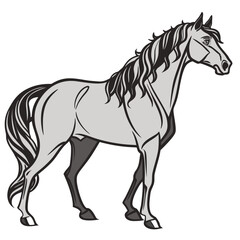 Stylized illustration of a majestic gray horse standing proudly with a flowing mane and tail