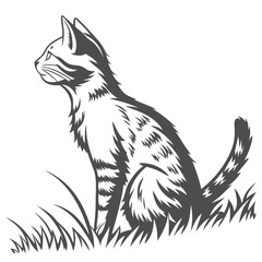 Stylized illustration of a domestic cat sitting attentively in tall grass with a white background