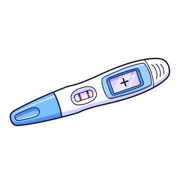 A blue and white cartoon illustration of a positive digital pregnancy test showing a plus sign and two lines.