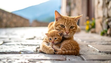 A ginger cat and kitten on cobblestones