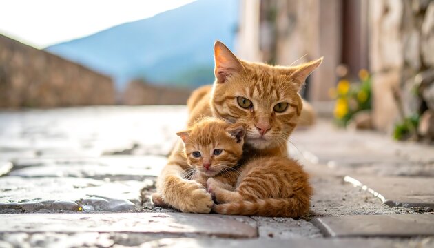 A ginger cat and kitten on cobblestones - Powered by Adobe