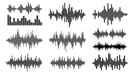 Nine graphic representations of sound waves, showing varying amplitudes and frequencies on a white background.