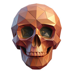 Geometric copper skull with a low-poly design, presented on a clean white background, symbolizing mortality, art, and modern design elements with a metallic sheen