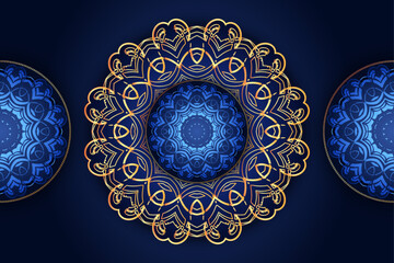 Golden mandala flowers inside three blue circles on dark background sacred geometric art